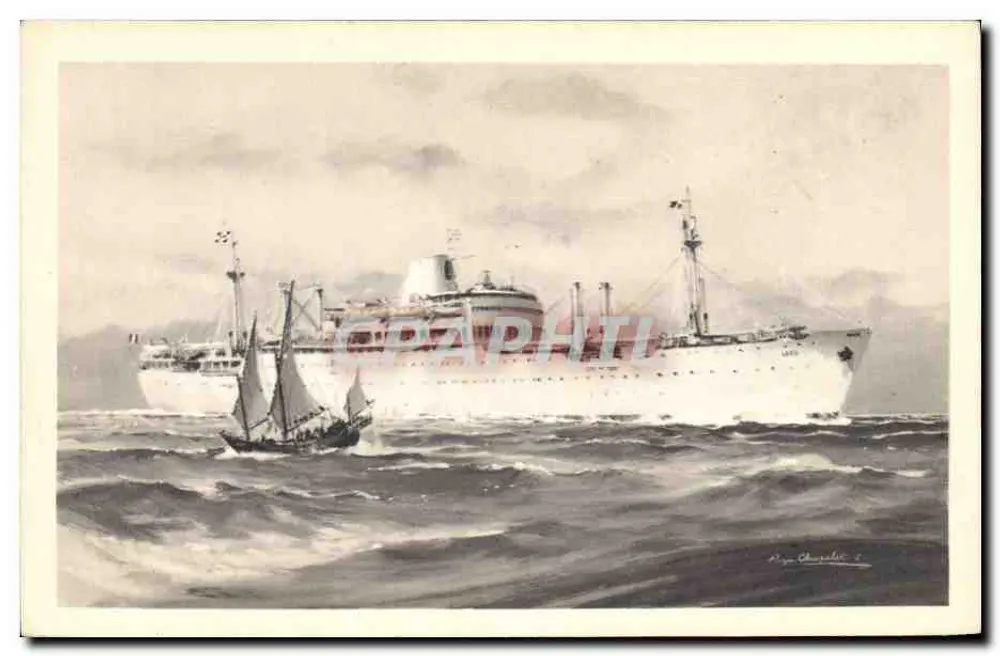 Kreuzer und Segelschiff auf See — Compagnie des Messageries Maritimes « LAOS » — Alépée et Cie, Paris - Vorderseite