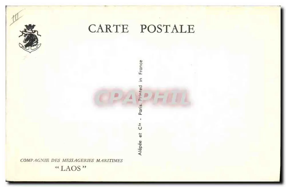 Kreuzer und Segelschiff auf See — Zeichnung von Roya Churchill — Verlag Compagnie des Messageries Maritimes « LAOS » - Rückseite