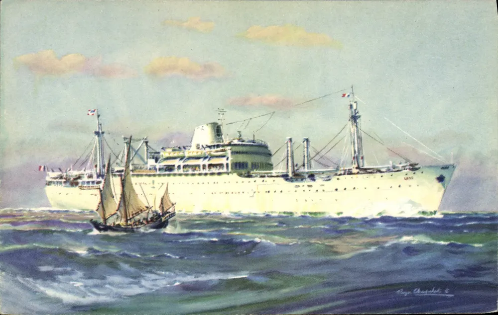 Kreuzer und Segelschiff auf See — Compagnie des Messageries Maritimes « LAOS » — Alépée et Cie, Paris - Vorderseite