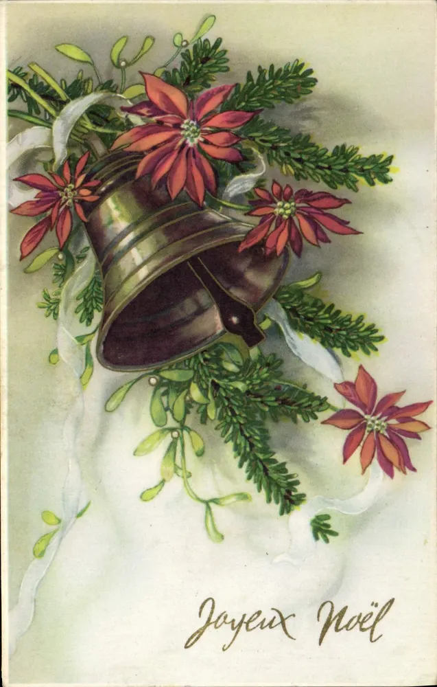 Arranjo de pinheiro, poinsettia e sininho — M.D. Paris — Série N° 3810 - Frente