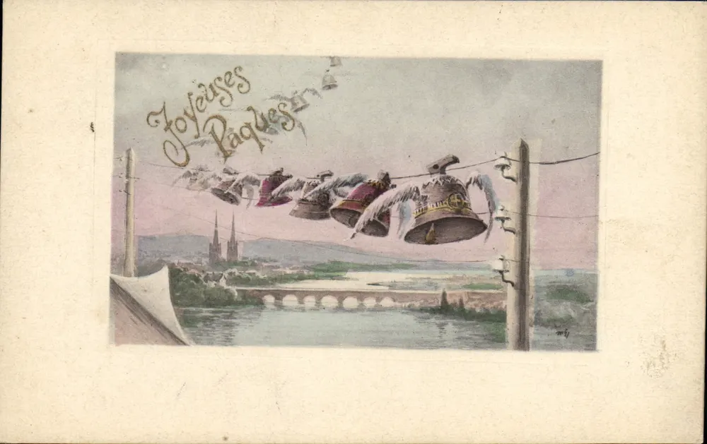 Sinos com asas sobre um rio e uma ponte — Felizes Páscoas — Imprensa de Paris, Série N°66 - Frente