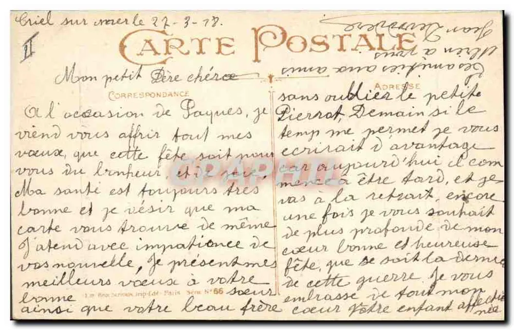 Sinos com asas sobre um rio e uma ponte — Felizes Páscoas — Imprensa de Paris, Série N°66 - Verso