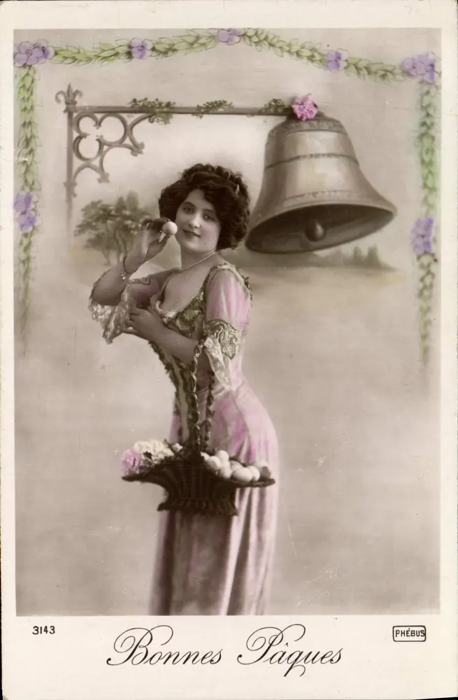 Mulher em vestido rosa segurando um cesto de ovos — Boas Páscoas — Phébus, n° 3143 - Frente