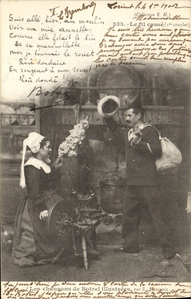 Mulher à máquina de fiar — cena da canção 'Le fil cassé' — As canções de Botrel ilustradas, por E. Hamonic - Frente