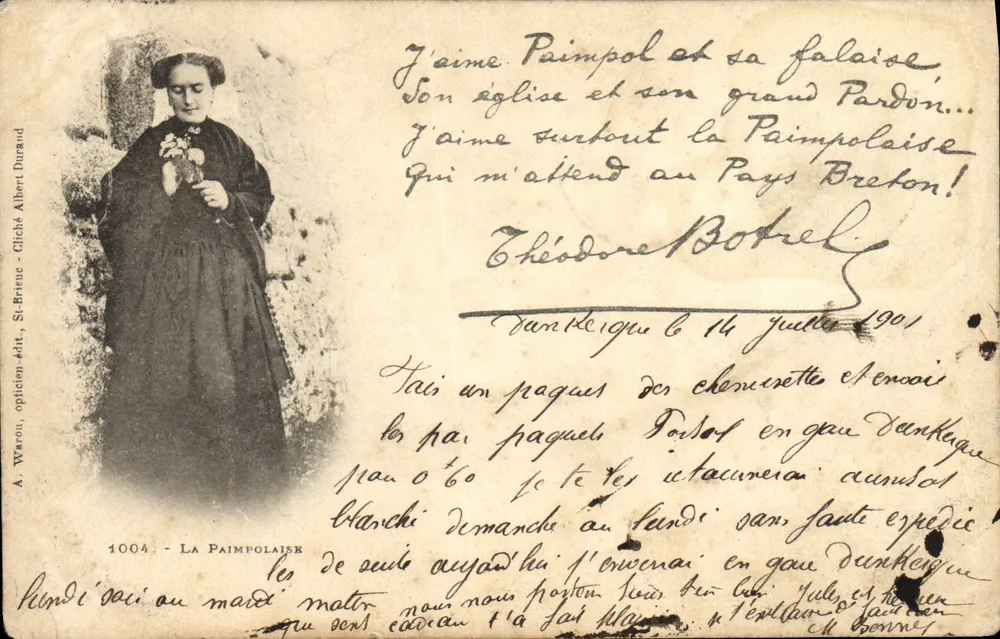 A Paimpolaise — Paimpol e sua falésia — A. Waron, óptico, editor, St-Brieuc. Cliché Albert Durand. N° 1004. - Frente