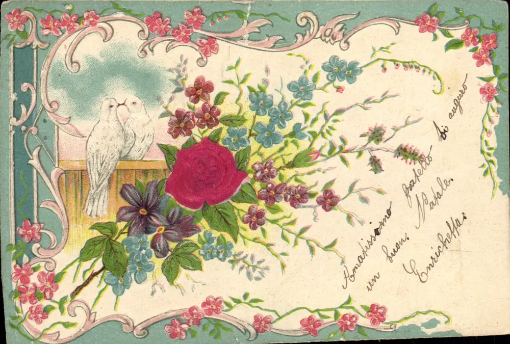Due colombelle innamorate — decoro floreale — editore sconosciuto - Recto