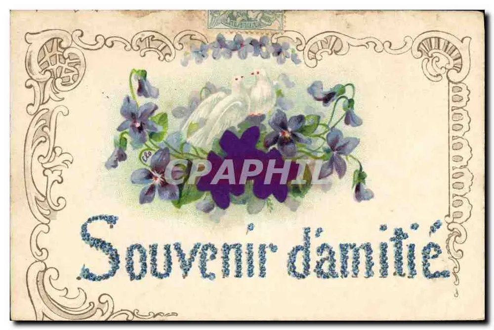 Dos palomas entre violetas — Recuerdo de amistad — editor no visible - Anverso