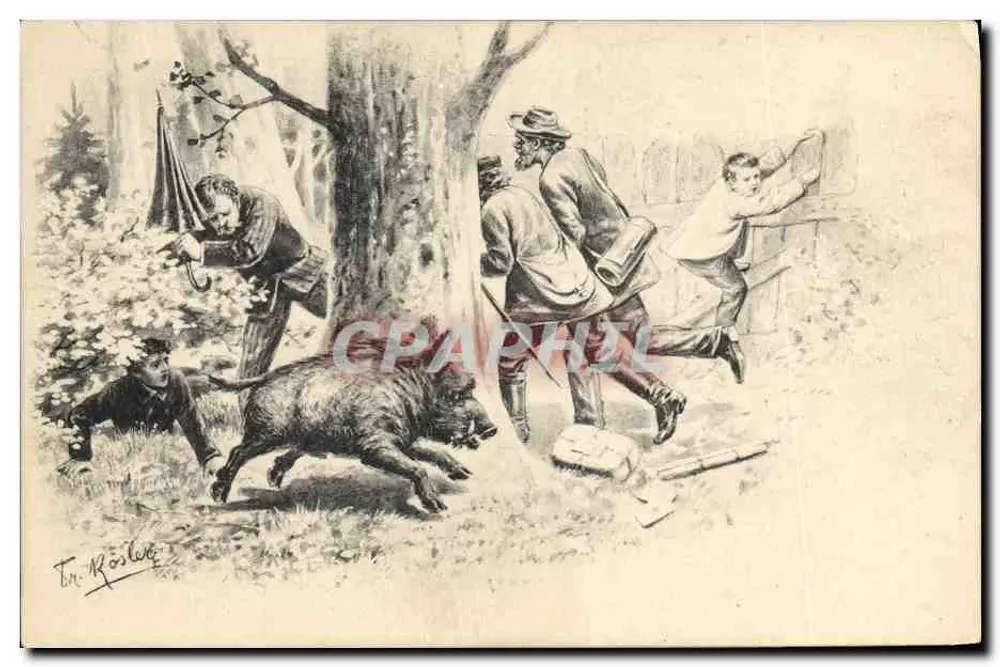 Caça ao javali — cena de caça na floresta — desenho de T. Rösler - Frente