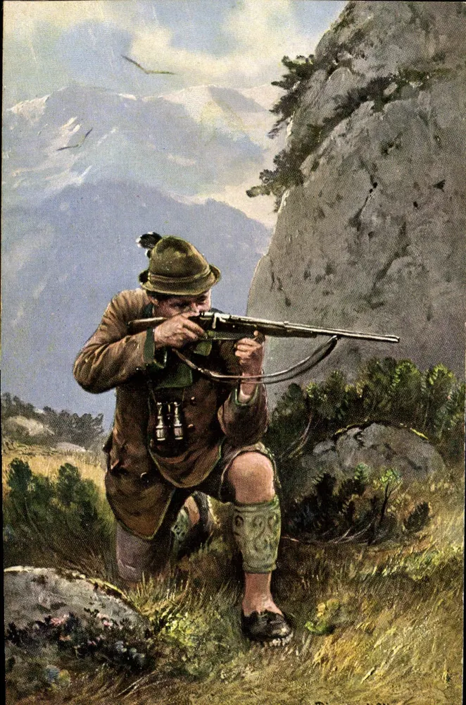 Caçador na montanha — Alpinista com fuzil — série 835 - Frente