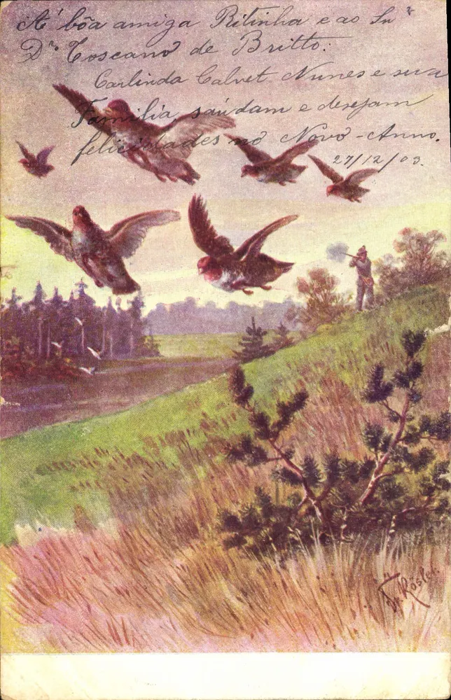 Caça aos pombos — cena de campo — editor K. Rösler - Frente