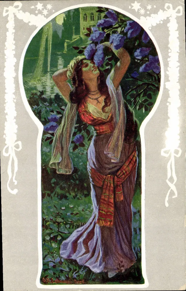 Frau in orientalischem Kleid unter Blumen — Illustration von O. K. Johansson — Verlag nicht sichtbar - Vorderseite