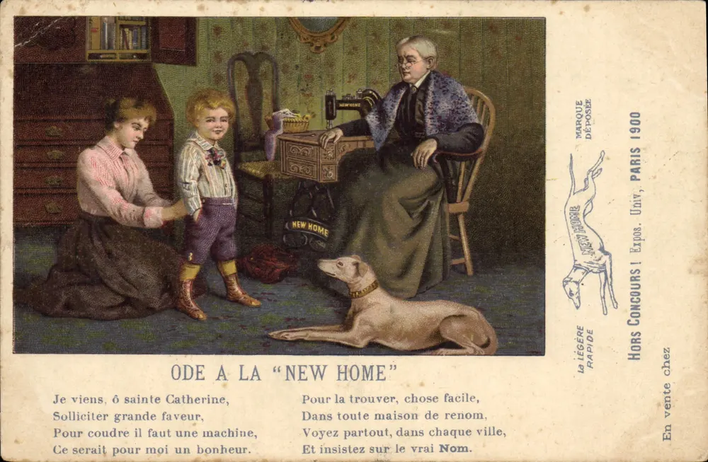 Familie und Hund — Innenraum mit Nähmaschine NEW HOME — Verlag HORS CONCOURS ! Expos. Univ. Paris 1900 - Vorderseite