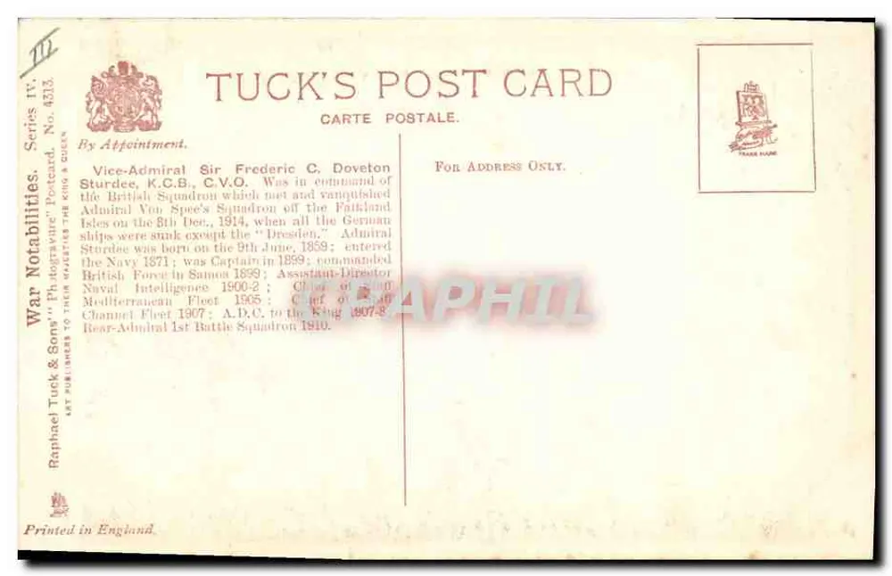 Admiral F.C.D. Sturdee — Foto Russell, Bathsheba — Série de Cartas Postais Tuck IV N° 4513 - Verso