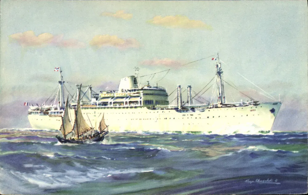 Cruiser e barco a vela — mar agitado — desenho de Roy Chesnault — Companhia das Messagerias Marítimas « LAOS » - Frente