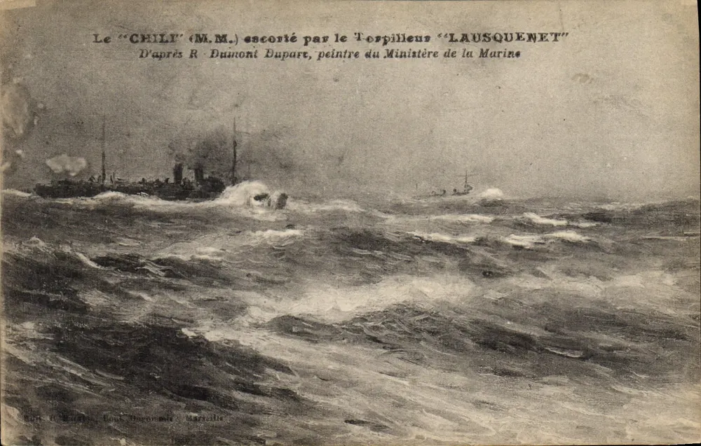 Das "CHILI" (M.M.) begleitet vom Torpedoboot "LAUSQUENET" — Nach R. Dumont Dupart, Maler des Marineministeriums — Ausgabe C. Lefebvre, Rouen, Marocille - Vorderseite