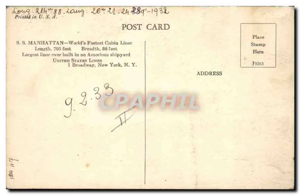 S.S. Manhattan — World's Fastest Cabin Liner — United States Lines, imprimé sur la carte - Verso