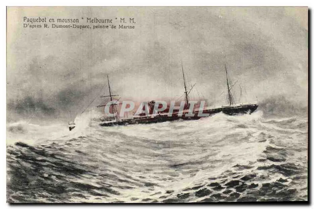 Navio de passageiros em tempestade "Melbourne" — pintura de R. Dumont-Duparc — Marinha - Frente