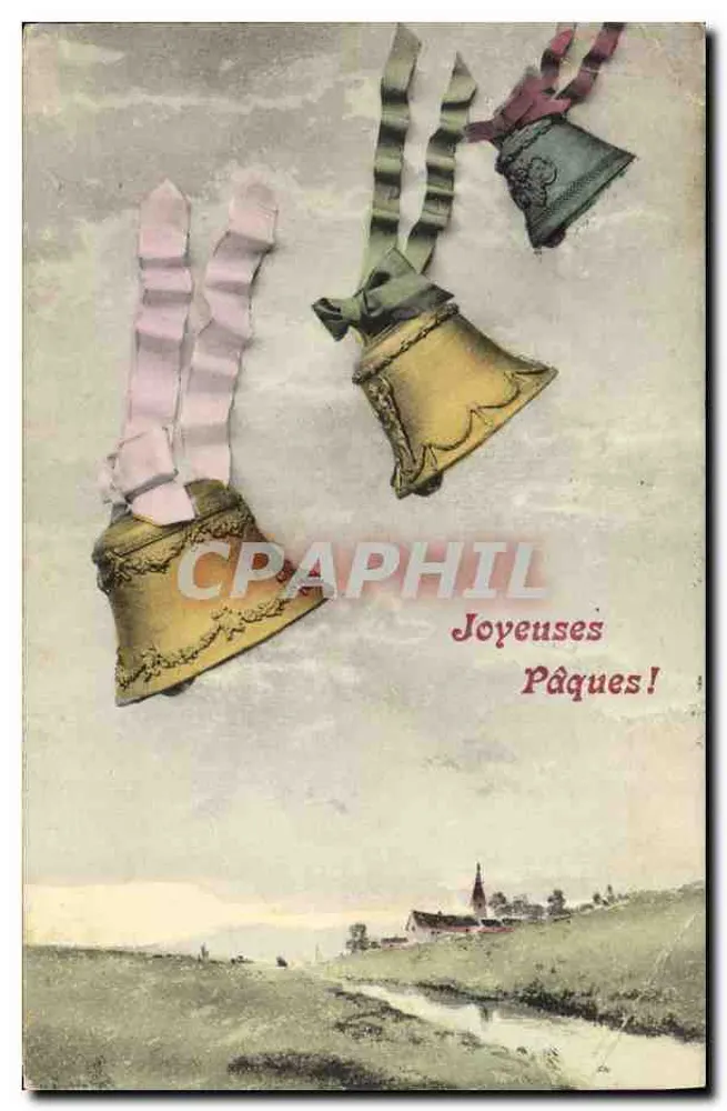 Cloches suspendues — scène pastorale avec église — éditeur A.S. V. n° 413 - Frente