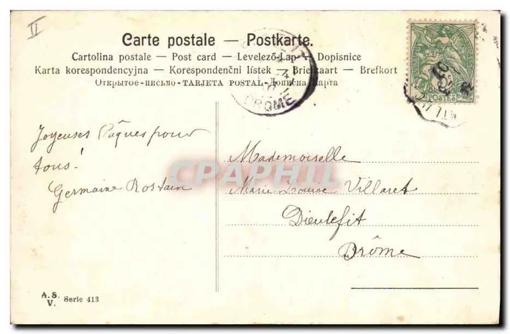 Cloches suspendues — scène pastorale avec église — éditeur A.S. V. n° 413 - Verso