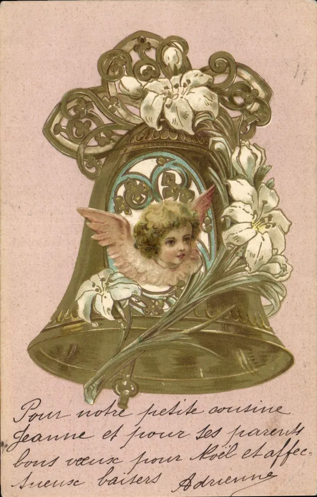 Anjo em uma campanha adornada com lírios — Carta postal da União Postal Universal, editada pela Sociedade das Cartas Postais da Rússia - Frente