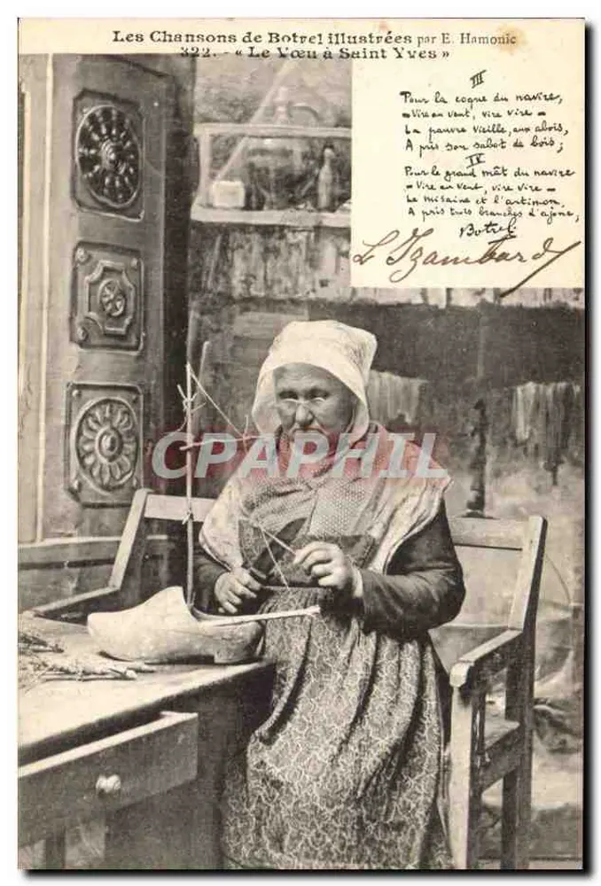 Donna che cucisce un sabot a Saint-Yves — Le Chansons de Botrel illustrate da E. Hamonic, n° 322 - Recto