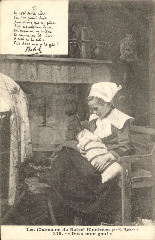 Mulher amamentando um bebê — cena íntima — Les Chansons de Botrel ilustradas por E. Hamonic, n° 316 « Dors mon gas ! » - Frente