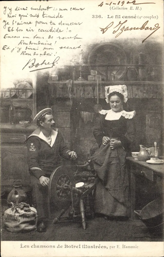 Matrose und Frau am Spinnrad — Illustrierte Lieder von Botrel, von E. Hamonic — n°336 - Vorderseite