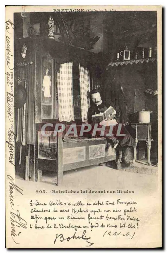 Botrel em casa diante de seu leito de casal — Coleção F. H. — Editor Albert Durand, n° 205 - Frente