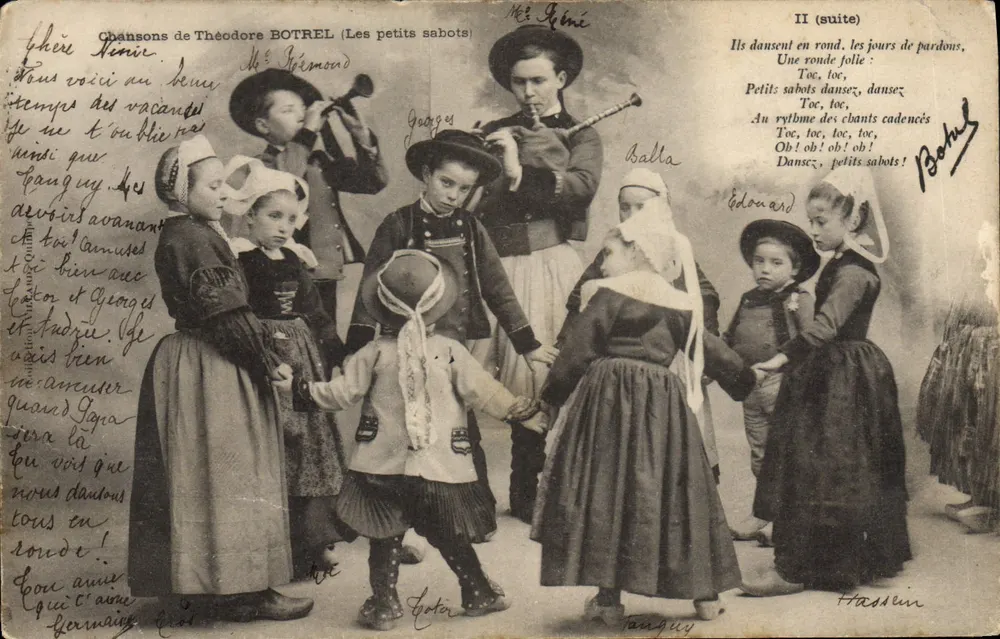 Crianças em trajes tradicionais — Canções de Théodore BOTREL (Os pequenos sapatinhos) — editor não identificado - Frente