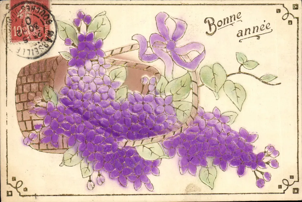 Lilas em um cesto — Boa Ano — União Postal Universal N°22, Marselha - Frente
