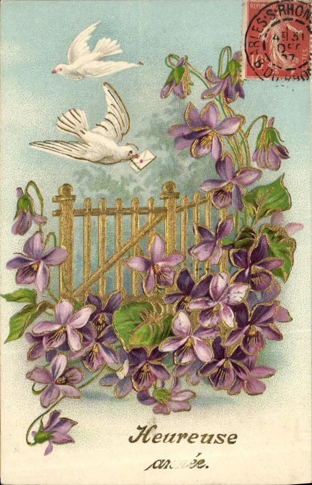 Violetas e pombas — Ano feliz — editor desconhecido, número de série não visível - Frente