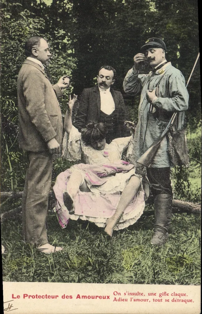 Der Beschützer der Liebenden — humorvoller Szene mit Soldaten und Liebenden — unbekannter Verleger, Seriennummer nicht sichtbar - Vorderseite