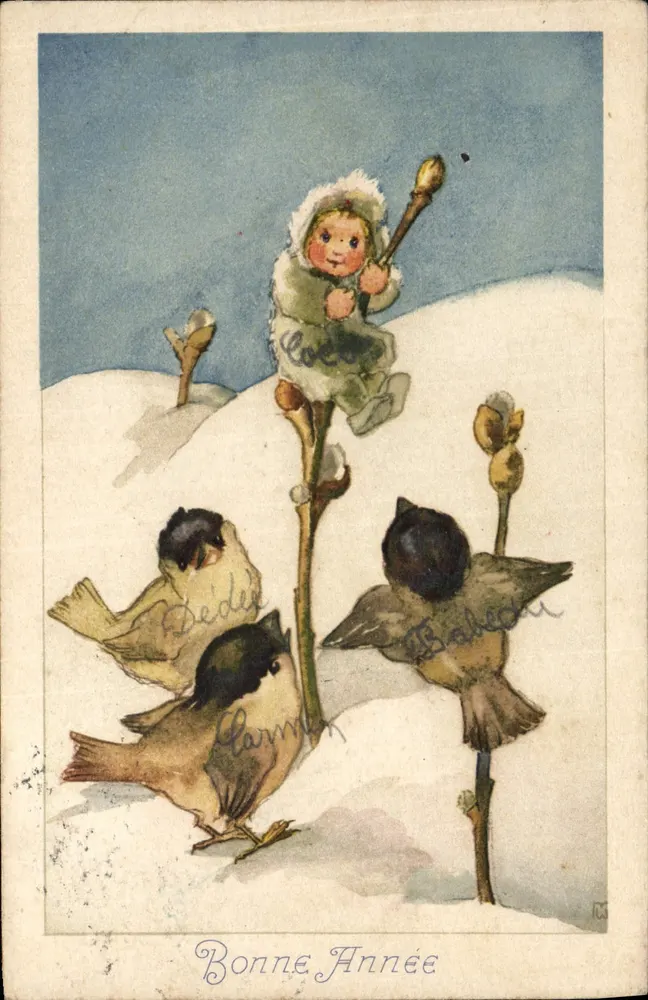 Enfant dans la neige — scène hivernale avec oiseaux — éditeur Voüga & Cie, Genève, n°22 - Vorderseite