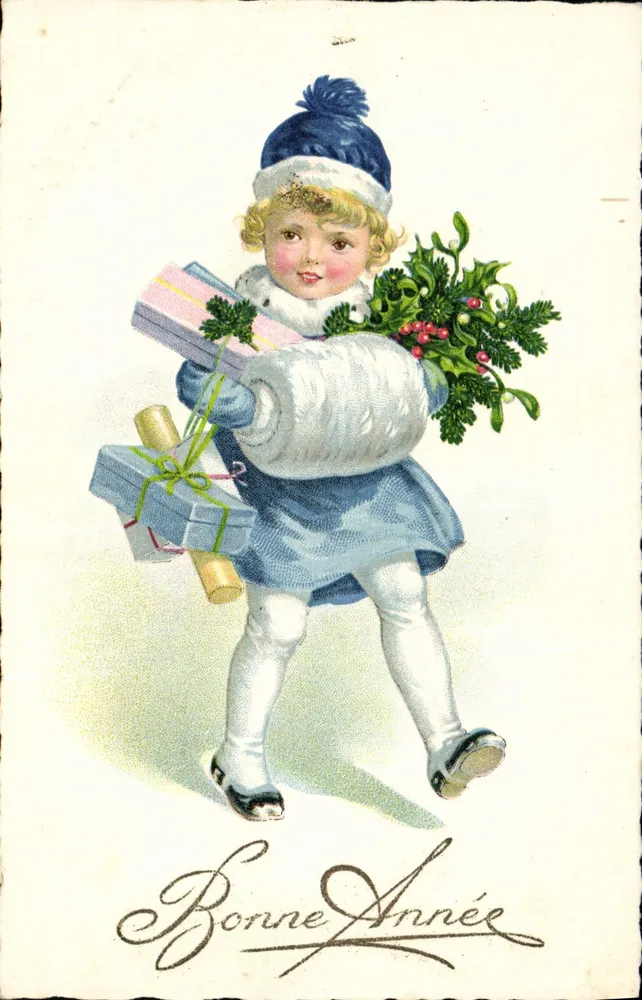 Kind mit Geschenken und Tannenblättern — Frohe Weihnachten — Verlag nicht sichtbar - Vorderseite