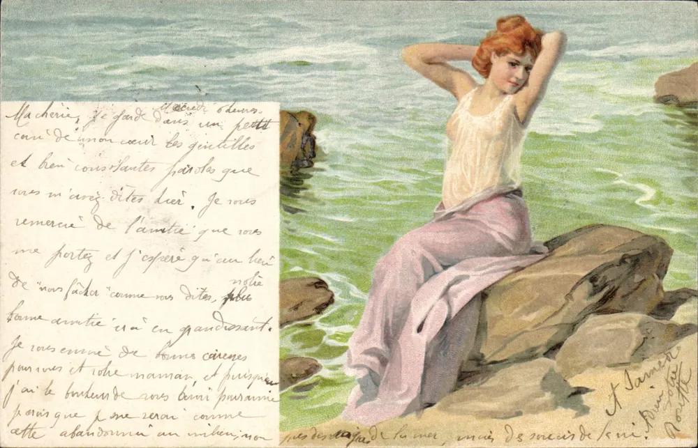 Junge Frau, die auf einem Felsen am Meer sitzt — Illustration — Verlag nicht identifiziert - Vorderseite