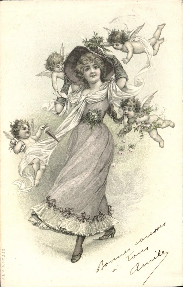 Frau umgeben von Cupiden — gravurierte Illustration — Verlag A.&M.B. N° 9223 - Vorderseite