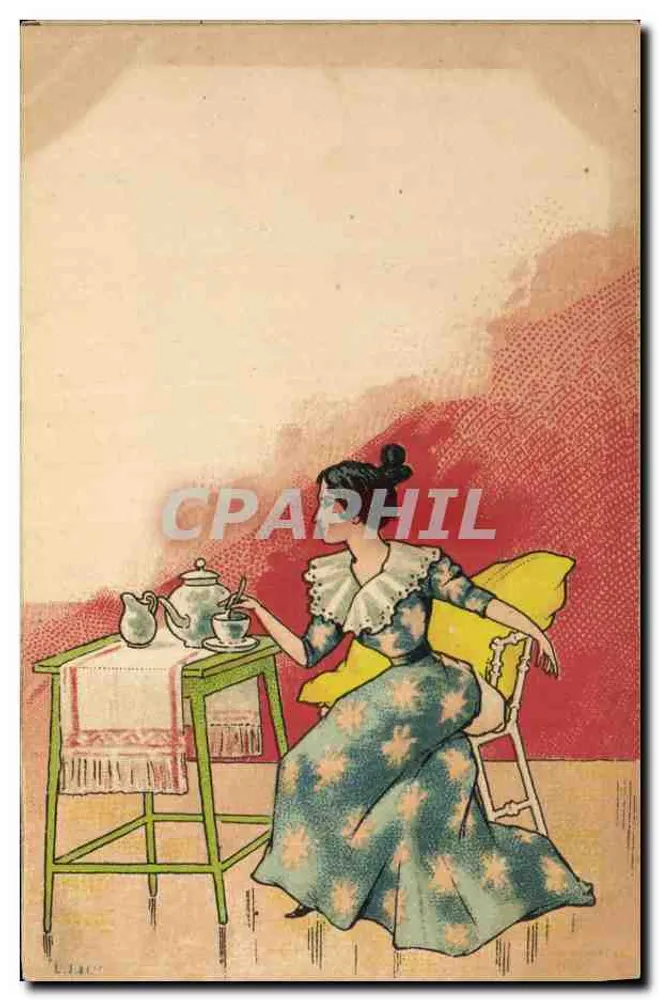 Frau in einem blauen Musterkleid — Tee in einem Innenraum — Magasin Général - MARSEILLE - Vorderseite
