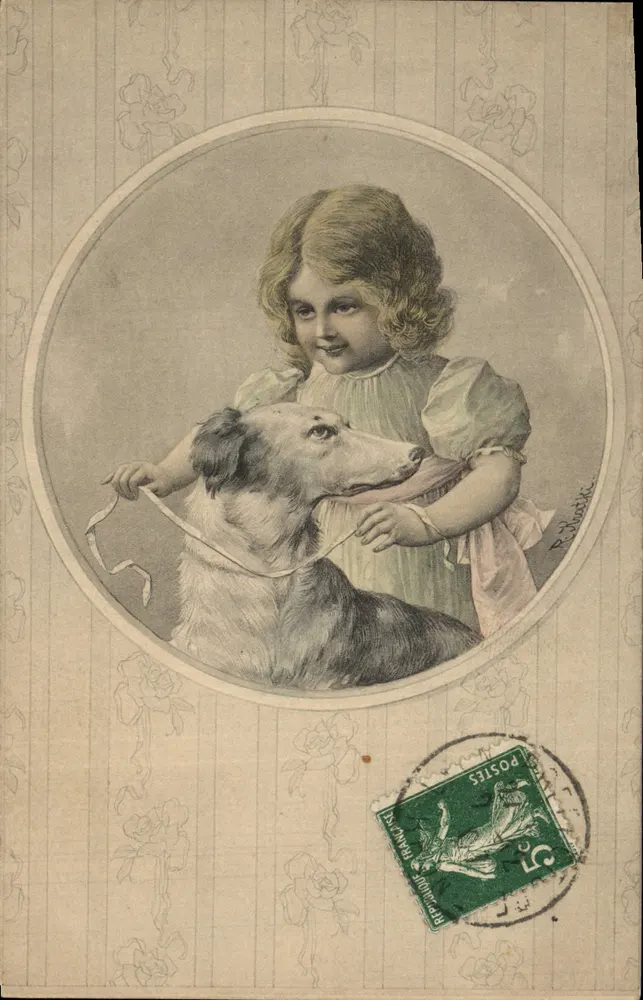 Criança e cachorro — ilustração de P. Chotek — T.S.N. Ser. 608 - Frente
