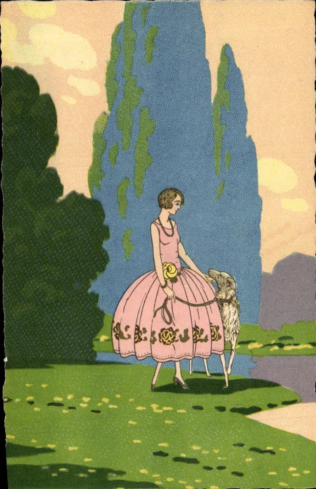 Donna in abito rosa con cane — scena di giardino — editore 'ULTRA' n°2197 - Recto