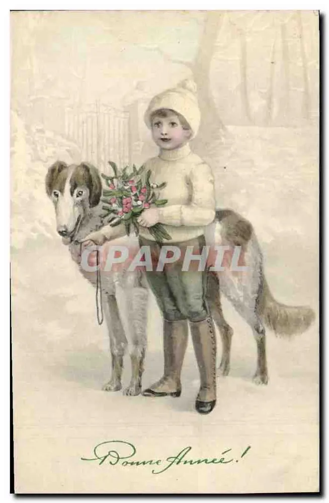 Criança e cachorro na neve — Feliz Ano Novo! — Série 527, editor J. Roude - Frente