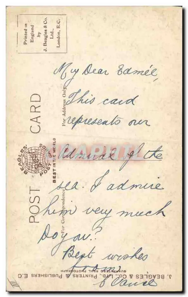 Admiral Sir John R. Jellicoe — Militärphotografie — Beagles Postcards n°490 C - Rückseite