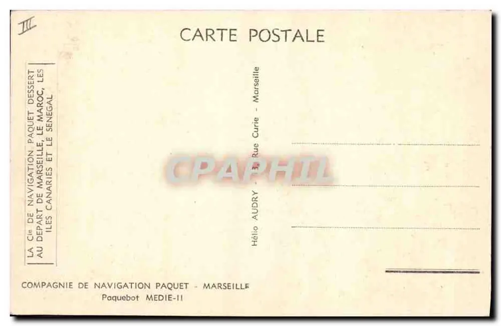 Dampfschiff MEDIE II — Fahrt zwischen Marseille, den Kanarischen Inseln, Marokko und Senegal — Compagnie de Navigation Paquet - Rückseite