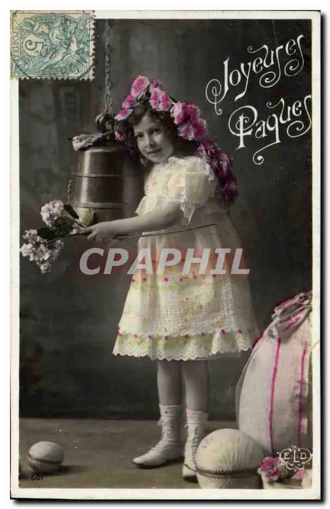 Menina em vestido bordado com coroa de flores — Feliz Páscoa — Editor E.P.D. n° 501 - Frente