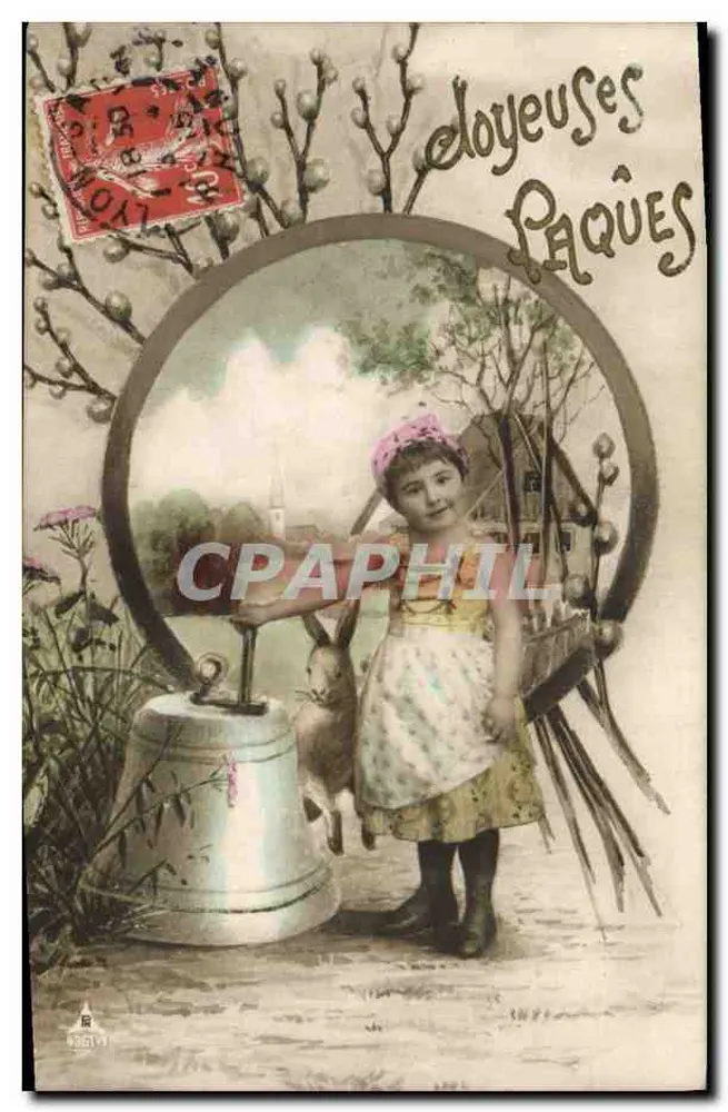 Festa de Páscoa — Criança com coelho e sino — Editor não identificado, n° 33614 - Frente
