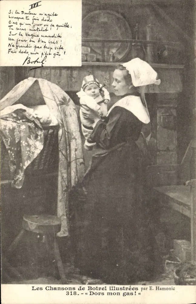 Mulher segurando uma criança — canção de Botrel — ilustrada por E. Hamonic, n° 318 - Frente