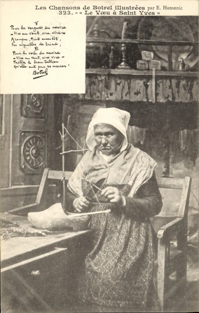 Mulher tricotando — ilustração para « Les Chansons de Botrel » — E. Hamonic, n° 323 - Frente