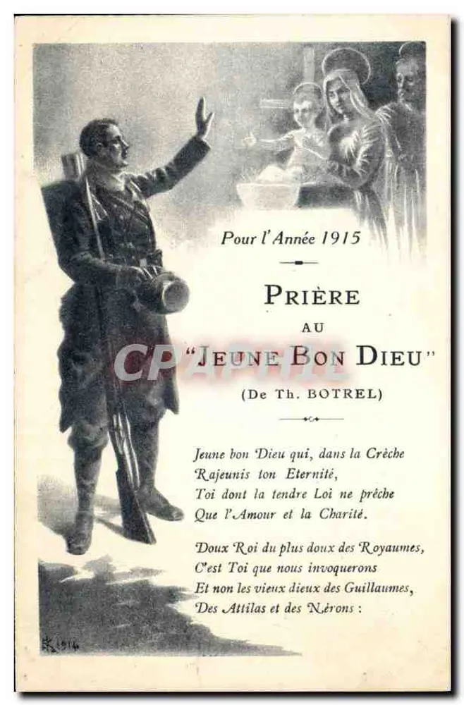 Soldat in Gebet — Gebet an den 'Jungen Guten Gott' für das Jahr 1915 — Von Th. Botrel - Vorderseite