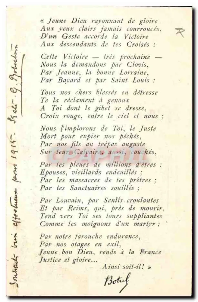 Soldat in Gebet — Gebet an den 'Jungen Guten Gott' für das Jahr 1915 — Von Th. Botrel - Rückseite