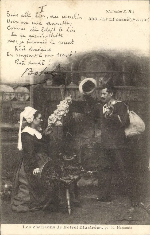 Mulher à máquina de fiar — homem em traje — As canções de Botrel ilustradas, por E. Hamonic — n° 333 - Frente