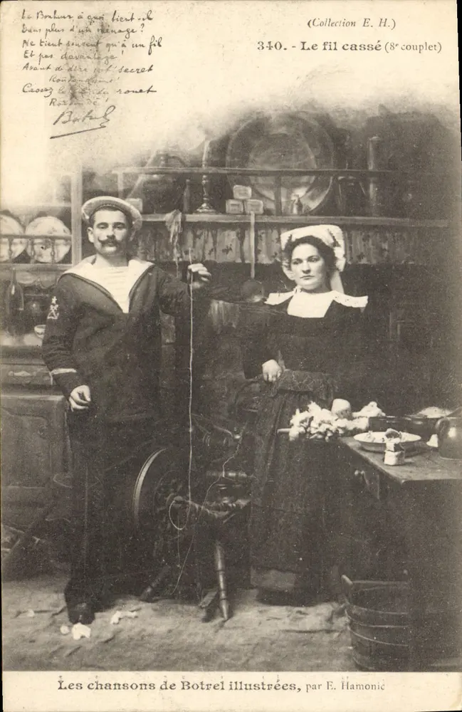 Sailor and woman at spinning wheel — 'Le fil cassé' (8th couplet) — Les chansons de Botrel illustrées, par E. Hamonic, n°340 - Frente